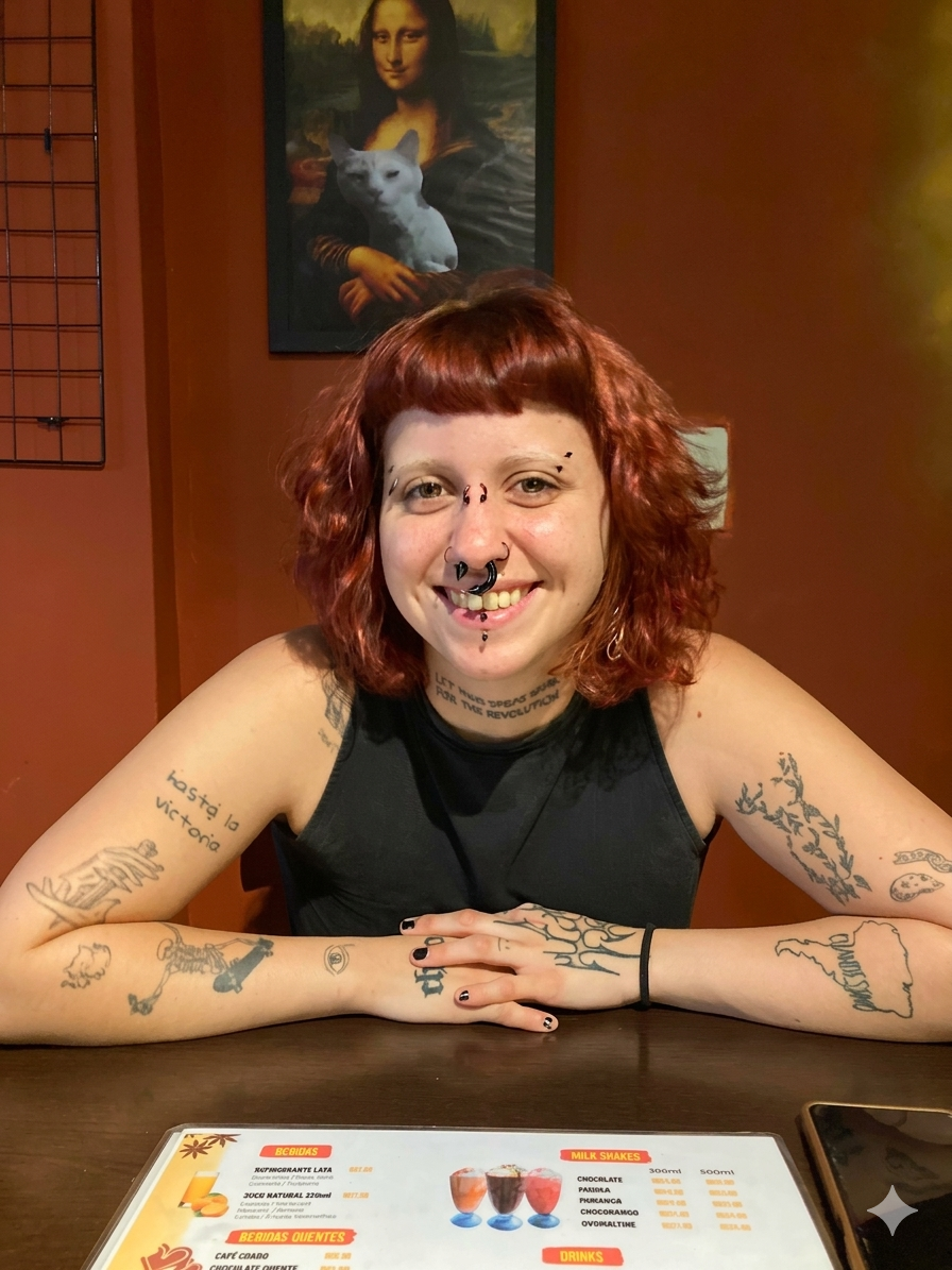 Uma pessoa jovem com cabelos ruivos ondulados, franja curta e diversas tatuagens nos braços, sorrindo sentada à mesa de um restaurante. Ao fundo, uma versão humorística do quadro Mona Lisa segurando um gato branco.